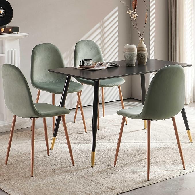 Howtek Mid-Century Modern Dining Chairs Set of 4, Green Velvet Upholstered Kitchen Side Chairs with Backrest & Metal Legs for Dining Room, Living Room, Restaurant