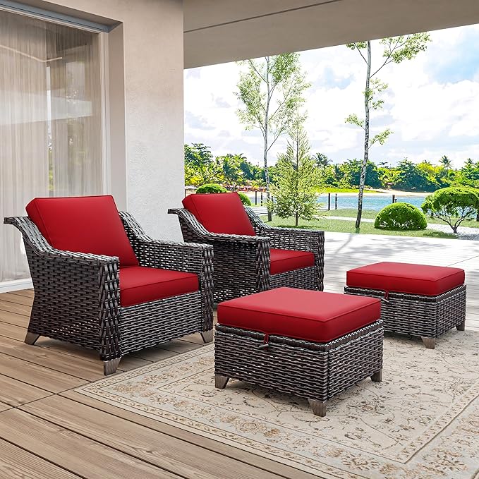 4 Pieces Wicker Patio Furniture, Luxury Outdoor Furniture with 2 Pieces Patio Rattan Chair, 2 Patio Ottoman, Wide Armrest, Thickened Cushions, Ideal for Deck, Porch Use