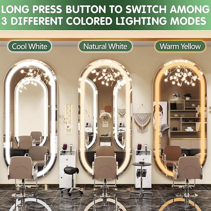 FENNIO Full Length Mirror with Lights, 80" x 36" LED Full Body Mirror, Oval Wall Mounted Hanging Mirror with Lights for Bedroom, Salon, 3 Color Lighting, Tempered Glass