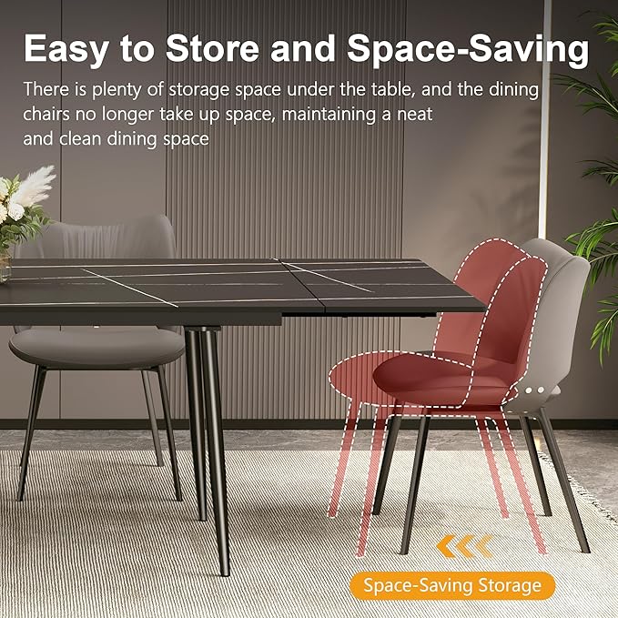 Expandable Rectangular Dining Table (62.9" to 94.4") – Modern Black Sintered Stone Top, Adjustable Table for 6 to 10 People for Dining Room Family Gathering