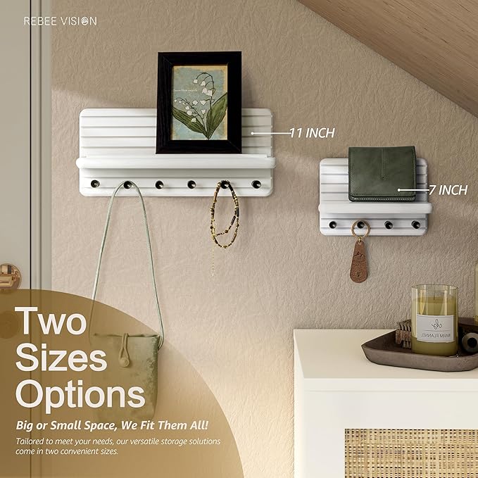 Rebee Vision Decorative Key Holder Wall Mount for Home Organization – 11-inch Pine Wooden Key Holder for Wall with 6 Hooks & Floating Shelf - Modern Farmhouse Home Decor (White)