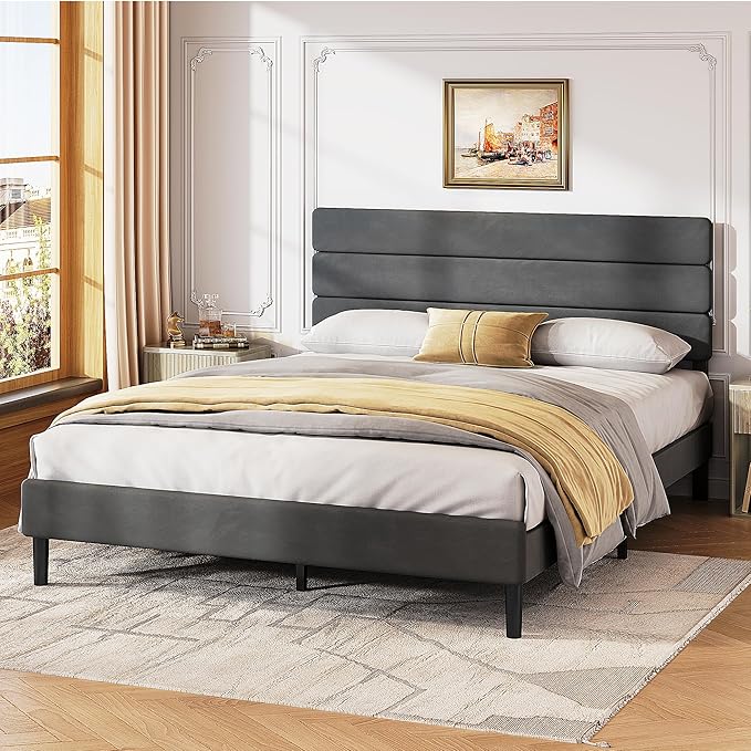 WLIVE Queen Size Upholstered Bed Frame, Velvet Square Tufted Headboard, Sturdy Metal & Wooden Slats Support, No Box Spring Needed, Light Grey