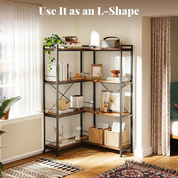 Huuger 4 Tier Bookshelf, L Shaped Corner Bookshelf with 8 Open Shelves, 49.4 Inch Straight Wide Bookcase with Metal Frame and Wooden Board, Adjustable Feet, Rustic Brown