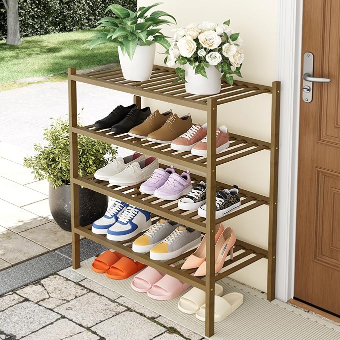 Smiry Shoe Rack, 4 Tier Thick Bamboo Shoe Organizer, Stackable Free Standing Wooden Shoe Storage Shelf for Closet, Entryway, Front Door Entrance, Walnut