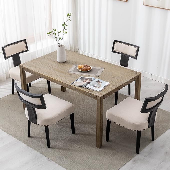 Mid Century Modern Dining Chairs Set of 2 Linen Fabric Upholstered Kitchen Side Chairs with Nailhead Trim, Modern Kitchen Armless Solid Wood Dining Chairs, Beige