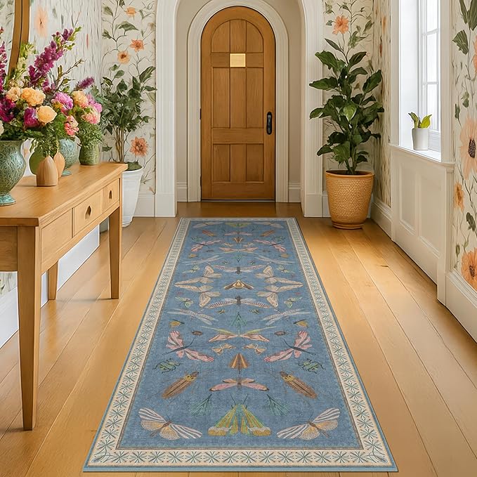 Boho Non Slip Kitchen Rug Runner - 2x6 Blue Washable Rug for Bathroom, Laundry Room, Hallway, Non Slip with Rubber Backing, Insect Print Unique Runner