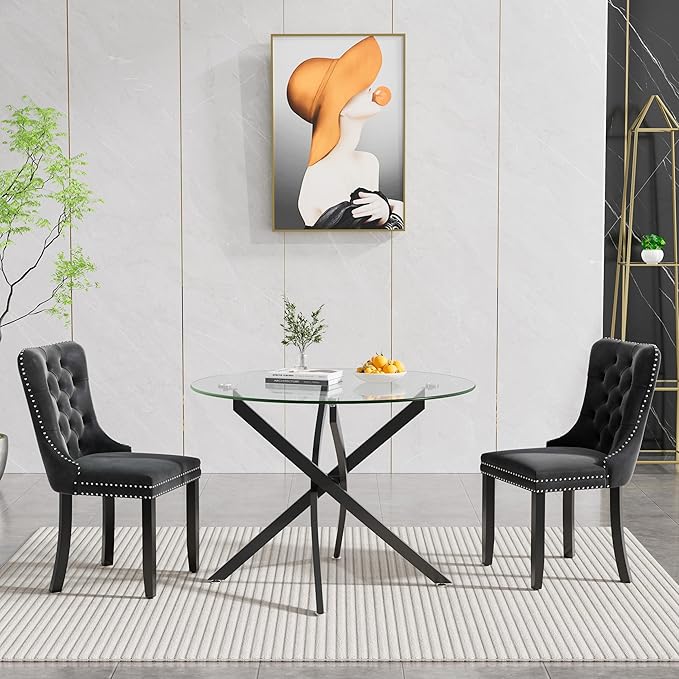 36" Round Glass Dining Room Table for 4 with Tempered Glass Top and Black Metal Legs, Modern Clear Kitchen and Dinner Table for Home Office Dining Room