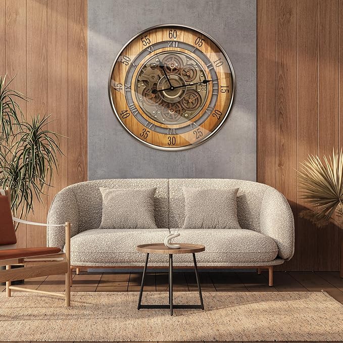 HOIBAI Wall Clock, 24 Inch Moving Gears Clock Large Wall Clock for Living Room Decor Rustic Vintage Industrial Steampunk Farmhouse Big Clock for Home Kitchen Bedroom Office