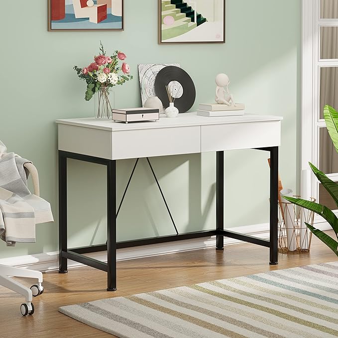 CAIYUN 40Inch Computer Desk with 2 Wooden Drawers, Small Desks for Home Office with Storage,Vanity Desk for Bedroom, Gaming Desk for Small Spaces, Simple Kids Study Writing Desk Table (White, Wooden)