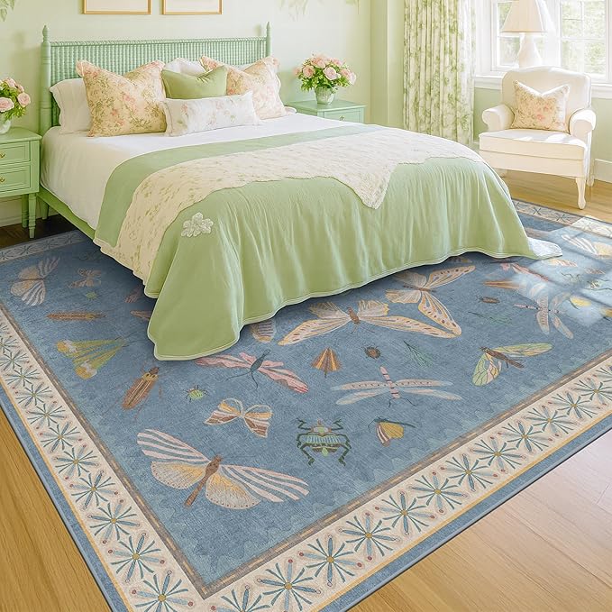 Blue Boho Rugs for Living Room - 10x14 Extra Large Area Rug for Dining Room, Bedroom, Playroom, Guest Room, Colorful Insect Low Pile Home Décor