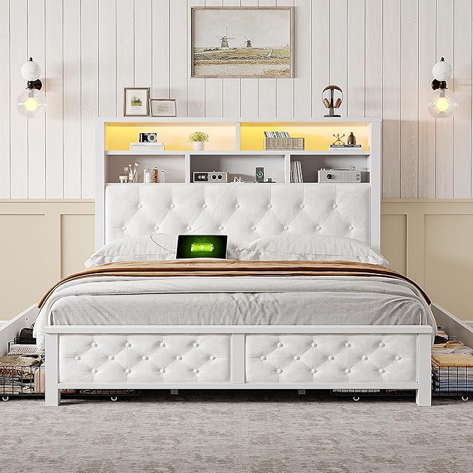 EnHomee Full Size Bed Frame with 4 Storage Drawers and Headboard Upholstered,Wooden Full Bed Frame with Charging Station and LED Light,NO Noise,No Box Spring Needed,Beige