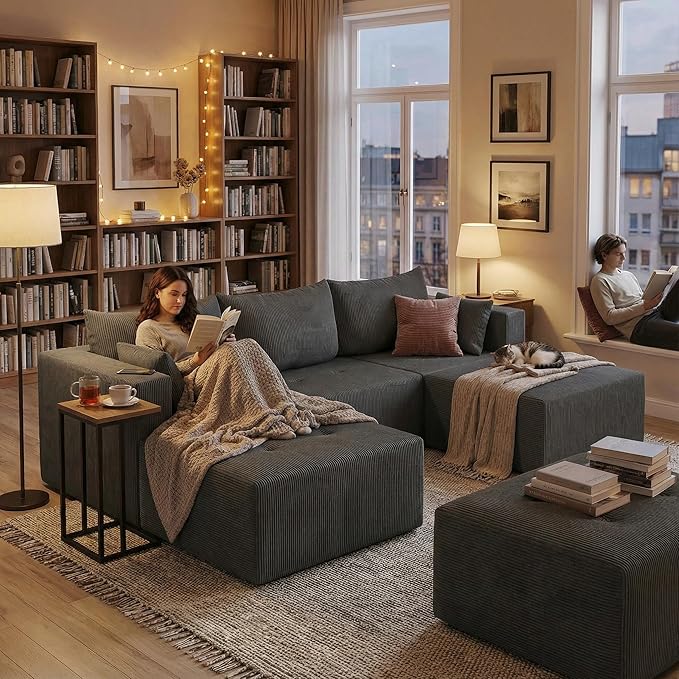 Cloud Boneless Sectional Sofa, Modular Sofa with Deep Seat, Modern Upholstered Couch with Chaise Lounge, Fluffy Comfy L-Shape Sectional Couch for Living Room, Black