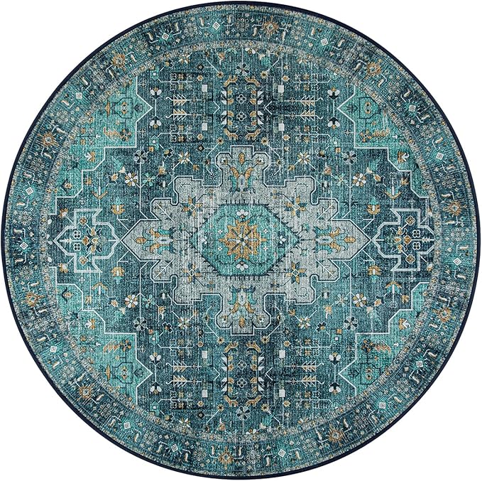 Moynesa Ultra-Thin Washable Round Rug - 4ft Oriental Circle Area Rugs for Bedroom Entryway, Teal Vintage Non Slip Non Shedding Low Pile Carpet for Living Room Coffee Table Kitchen