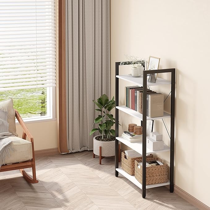 4-Tier Bookshelf, 47.2'' H Ladder Shelf, Industrial Bookcase, Wooden and Metal Storage Rack, Shelving Unit for Living Room Entryway Office, White Book Shelves, 24 * 11.8 * 47.2 inches