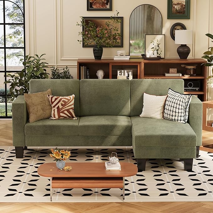 VICTONE Convertible Sectional Sofa Couch, 3 Seat L-Shaped Sofa with Linen Fabric Ottoman Small Couch for Small Apartments, Living Room and Office (Corduroy, Green)