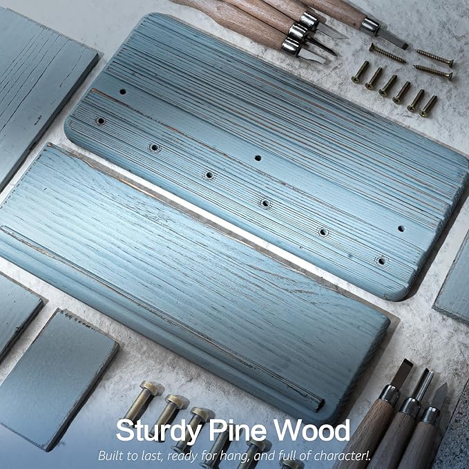 Rebee Vision Pine Wood Key Holder Wall Mount for Room Accessories – Decorative Key Holder for Wall with 6 Hooks & Floating Shelf – Rustic Wall Organizer for Home Decor Aesthetic (Blue)