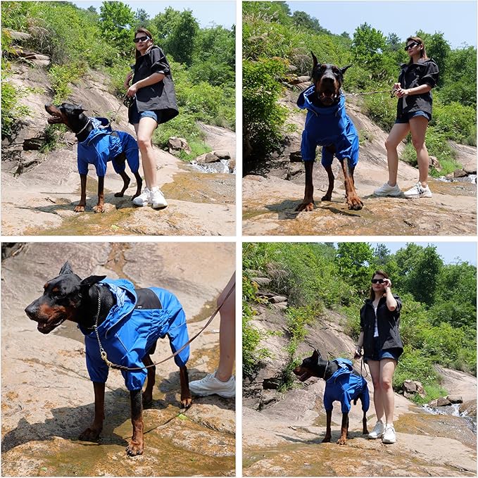 LOVELONGLONG Waterproof Dog Raincoat with Removable Hood – Outdoor Full Body Dog Jacket, Windproof Snowproof Shell Suit – All Season Pet Rain Gear Blue 3XL