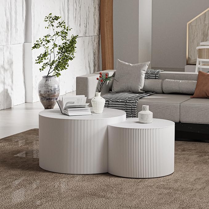 Round Nesting Coffee Table,Modern Fluted Coffee Tables Set of 2, Circle Vertical Stripe Design Drum Center Table Crescent Side Accent and Tables for Living Room (White)