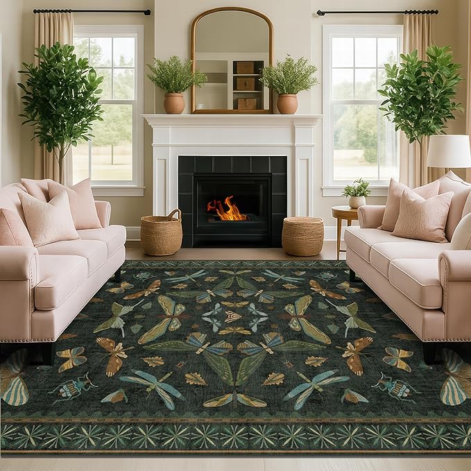 6x9 Dark Green Area Rugs for Dining Room - Rugs for Living Room, Bedroom Under Bed, Insect Moth Floral Non Slip Low Pile Floor Carpet