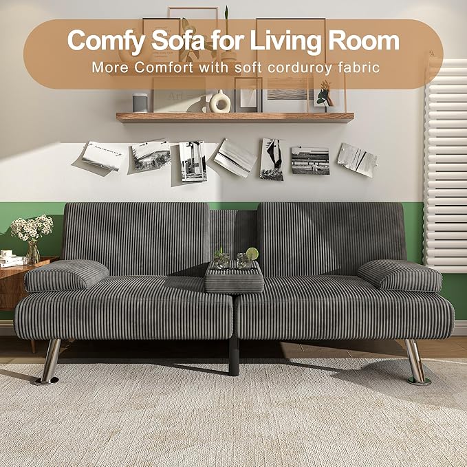 Shahoo Modern Upholstered Convertible Folding Futon Sofa Bed with Removable Armrests, Metal Legs, 2 Cup Holders for Living Room, Grey