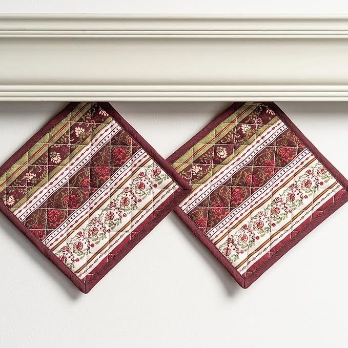 Maison d' Hermine Pot Holders Set 100% Cotton Heat Resistant Potholders 8" x 8" Hot Pads with Loop for Thanksgiving Christmas Decorations Baking Handling Hot Pans (Pack of 2, Reveillon Au Jardin)