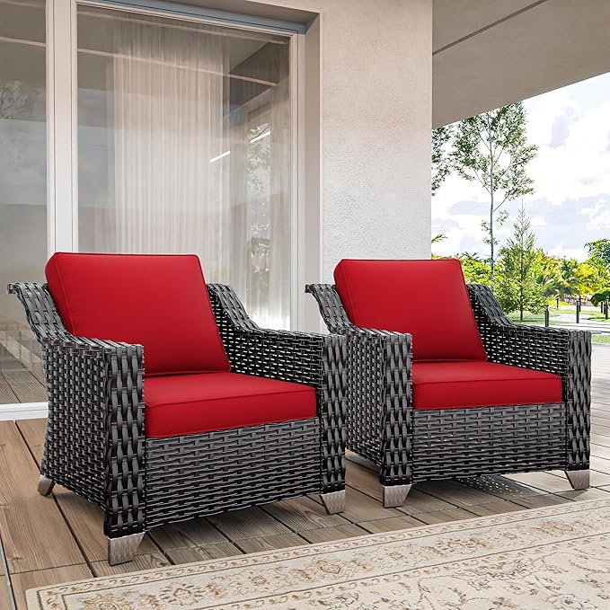 Wicker Patio Chairs Set of 2, Luxury Rattan Patio Furniture with Wide Armrest, Thickened Cushions, Outdoor Chairs for Deck, Porch Use