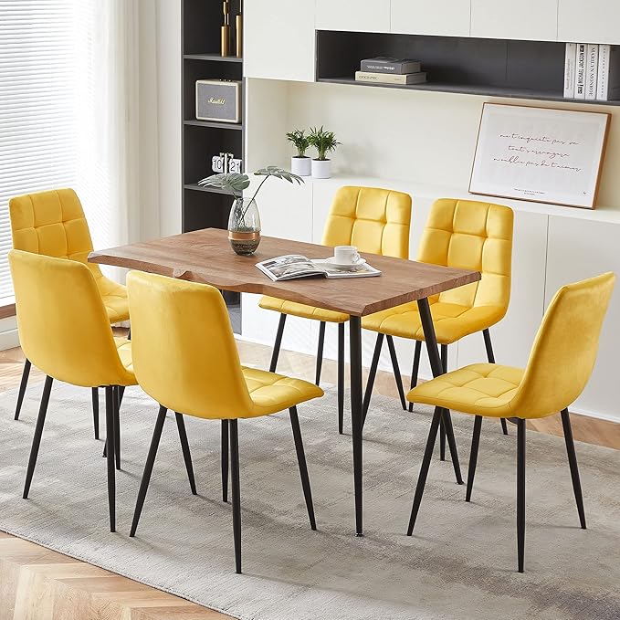 NORDICANA Yellow Velvet Dinner Chairs Set of 6, Modern Armless Biscuit Tufted Dining Side Chairs with Metal Legs for Kitchen Living Room Vanity