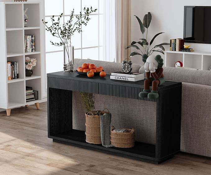 59.8”Rectangular Rustic Fluted Console Table with 2 Drawers,Solid Wood Entry Table Hallway Table, Modern Farmhouse Narrow Sofa Table for Foyer Living Room,Bedroom,Apartments-Black