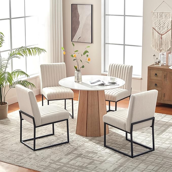 VKNOW Upholstered Dining Chairs, Modern Dining Room Chairs with Stripe, Linen Kitchen Chair Dinner Chair with Black Metal Base for Kitchen Office, Beige