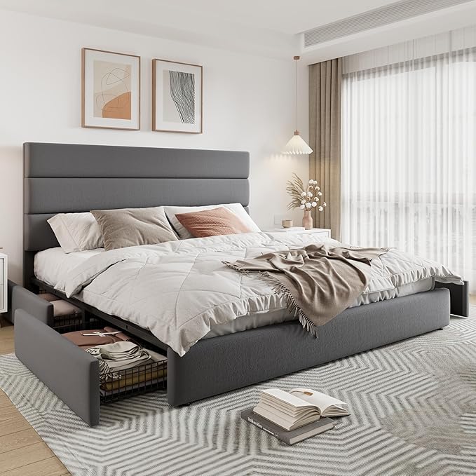 Allewie Modern King Size Platform Bed Frame with 4 Storage Drawers and Velvet Upholstered Headboard, Wooden Slats Support, Upholstered Mattress Foundation/No Box Spring Needed/Easy Assembly, Grey