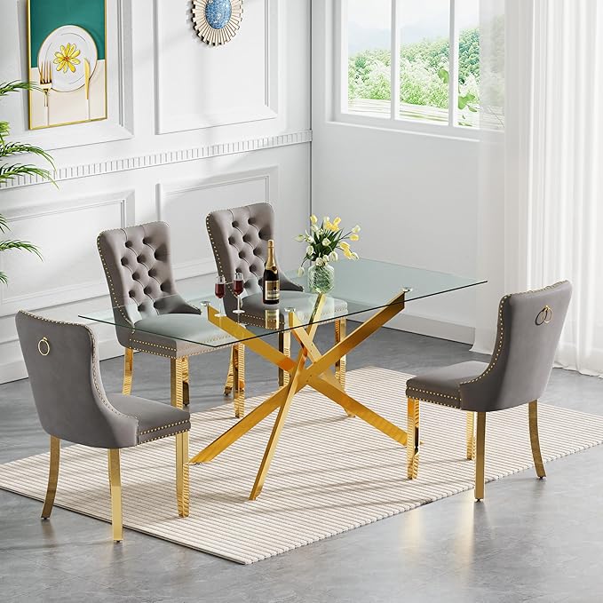 Goujxcy 7 Piece Glass Dining Table Set Modern Glass Dining Table Set for 6, 61" Rectangular Gold Kitchen Table and 6 Velvet Upholstered Chairs, Gold Table & Gray Chair