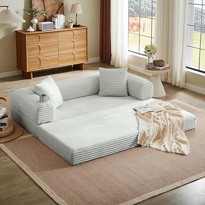 Boneless Couch Sofa Bed Sectional Couches for Living Room,Futon Cloud Couch with Sleeper Sofa,Sofas for Living Room Oversized Corduroy Upholstered (Light Grey)