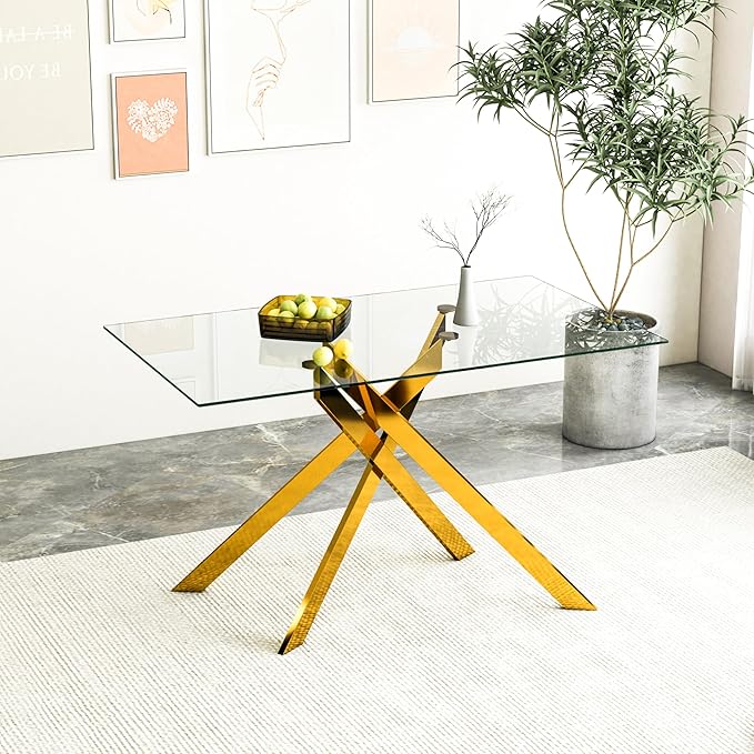 51.2" Glass Dining Table, Modern Kitchen Table for 4-6 People, Contemporary Rectangular Dining Room Dinner Tables with Clear Glass Top & Gold Metal X Legs for Kitchen Apartment