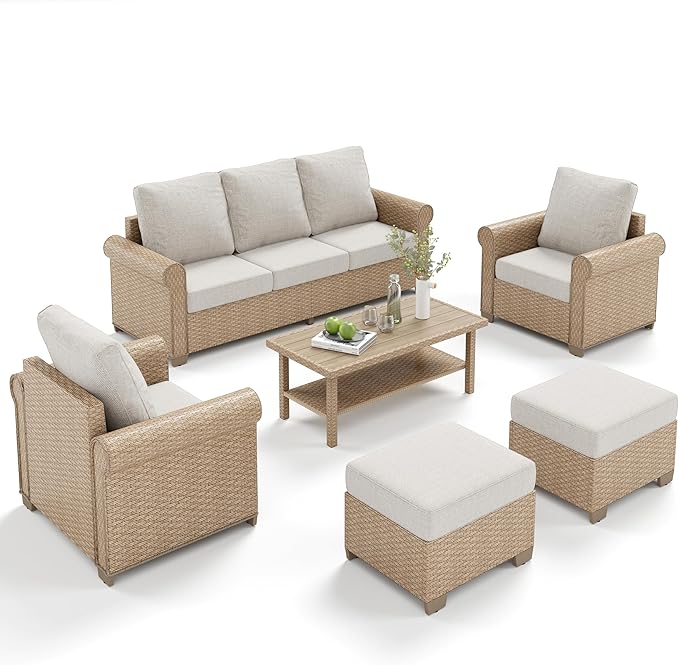 Patio Furniture Set 6 pcs, Wicker Outdoor Patio Furniture, 3-Seat Sofa, 2 Single Chairs, 2 Ottomans and Coffee Table, Rattan Patio Conversation Set for Backyard Deck, Beige
