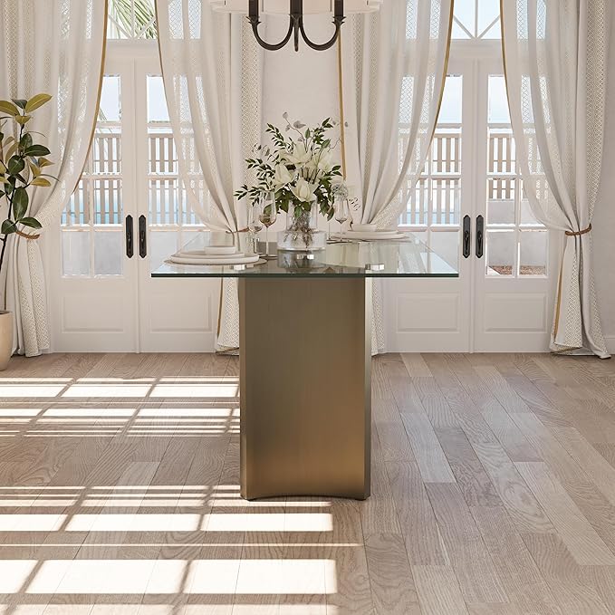 Asday 70 Inch Glass Dining Table with Bronze Base, Rectangular Dining Table for 6 People, Modern Brass Dining Room Table for Kitchen