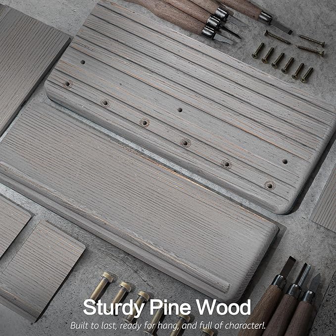 Rebee Vision Pine Wood Key Holder Wall Mount for Room Decor Aesthetic – Wooden Key Holder for Wall with 6 Hooks & Floating Shelf - Farmhouse Home Organization Accent (Distressed Gray)