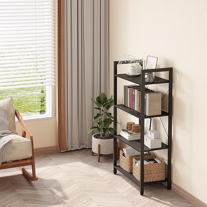 4-Tier Bookshelf, 47.2'' H Ladder Shelf, Industrial Bookcase, Wooden and Metal Storage Rack, Shelving Unit for Living Room Entryway Office, Black Book Shelves, 24 * 11.8 * 47.2 inches