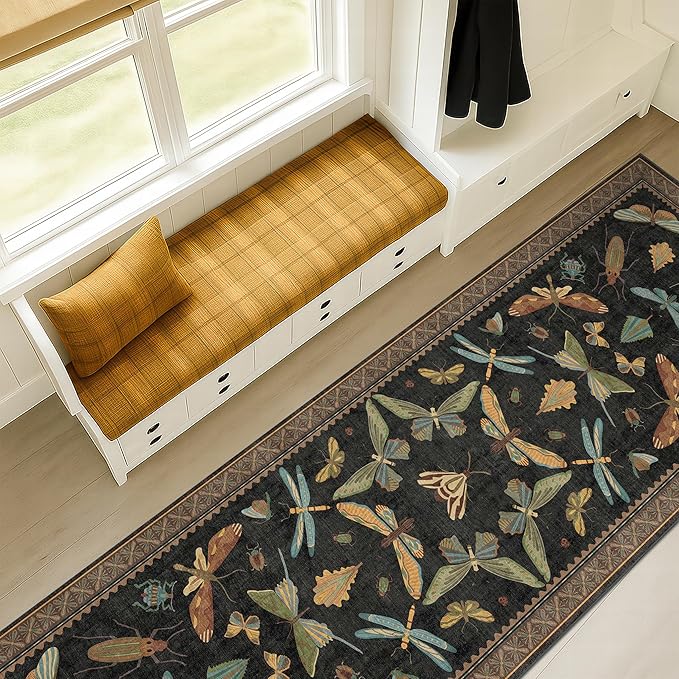 Black Insect 2'6"x8' Washable Non Slip Runner Rugs for Hallways, Non Skid Stain Resistant Rug Runners for Kitchen, Entryway, Mudroom -, Dark Floral Boho Cottagecore Home Decor