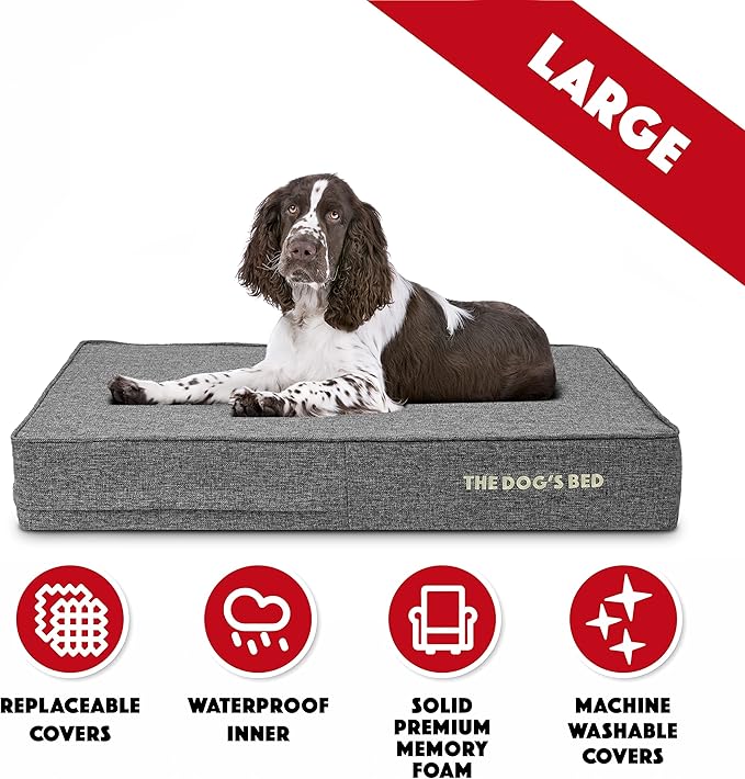The Dog’s Bed Orthopedic Memory Foam Dog Bed, Large Grey Linen 40x25, Pain Relief for Arthritis, Hip & Elbow Dysplasia, Post Surgery, Lameness, Supportive, Calming, Waterproof Washable Cover