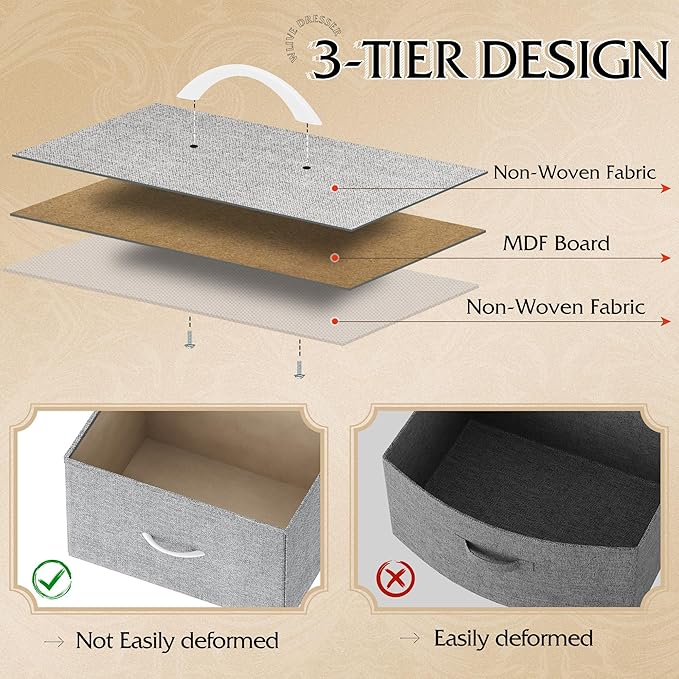 WLIVE 4 Drawers Dresser for Bedroom, Light Grey Fabric Clothes Storage Organizer Unit, Dresser for Hallway, Entryway, Closets, Sturdy Steel Frame, Wood Top