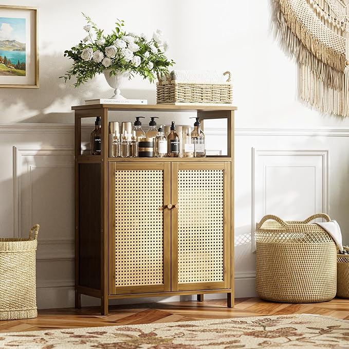 HITNET Rattan Bathroom Floor Cabinet, Freestanding Bamboo Storage Cupboard with 2 Doors, Living Room Sideboard, Space Saving, Walnut