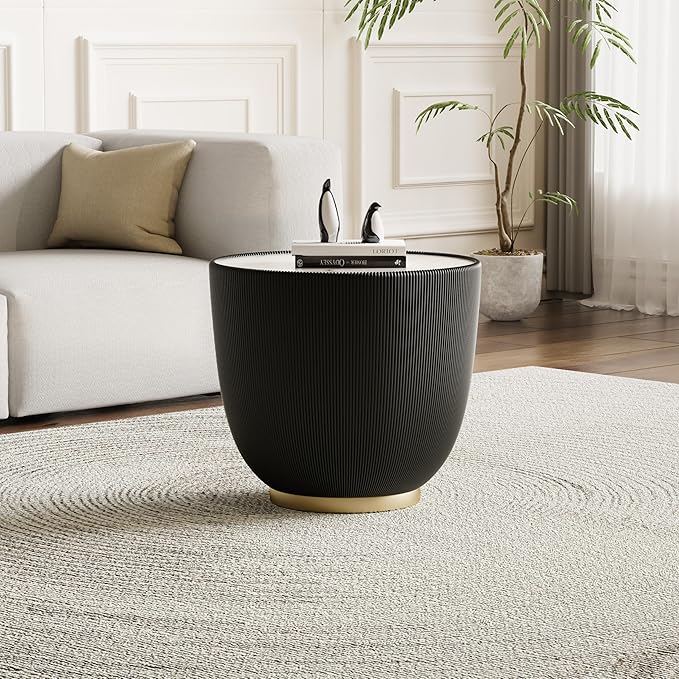 Round Coffee Table Set with Sintered Stone Tabletop, 29.53" Orange Drum Center Table and 19.69" Black Coffee Table Set, 2 Pieces Living Room Table Set with Fluted PU Leather Cover& Metal Base