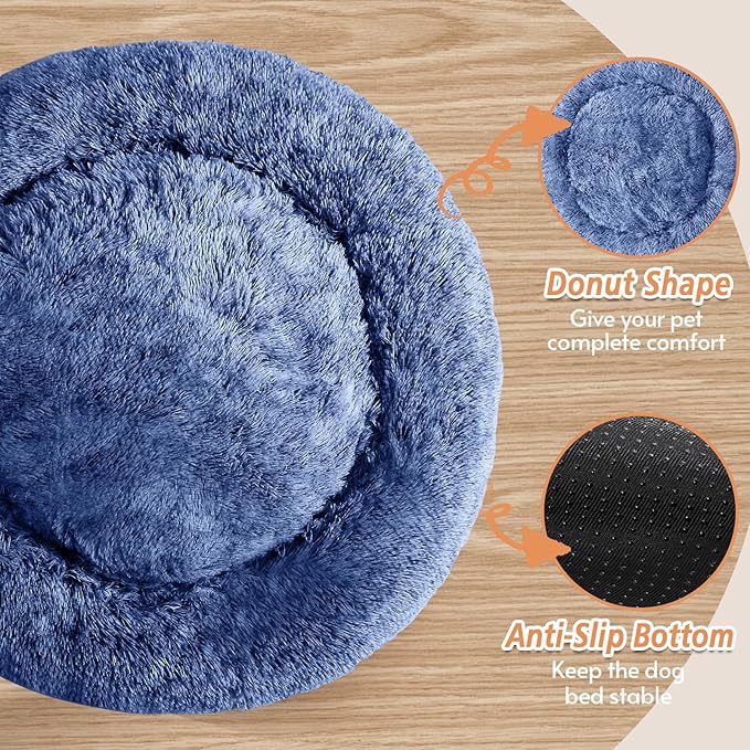 JOLLYVOGUE Calming Dog & Cat Bed for Small Dogs, Anti-Anxiety Donut Cuddler Cozy Soft Round Bed with Anti-Slip Bottom, Fluffy Faux Fur Plush Cushion Beds for Small Medium Pets (23")