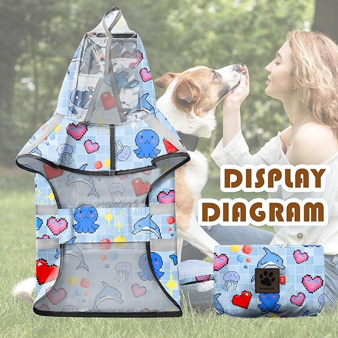 Dog Raincoat, Adjustable Dog Rain Jacket with Clear Hooded Double Layer for Large Medium Small Dogs Puppies, Waterproof Rain Coat Poncho Ocean Dolphin, Blue-XL