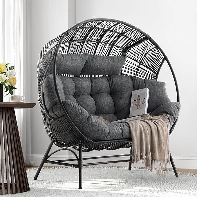 IRONCK 2 Person Egg Chair Outdoor Indoor, Oversized Double Wicker Lounge Chair, Thickened Padded Cushions and Headrests, 680Lbs Egg Loveseat for Patio, Balcony, Living Room, Porch, Gray