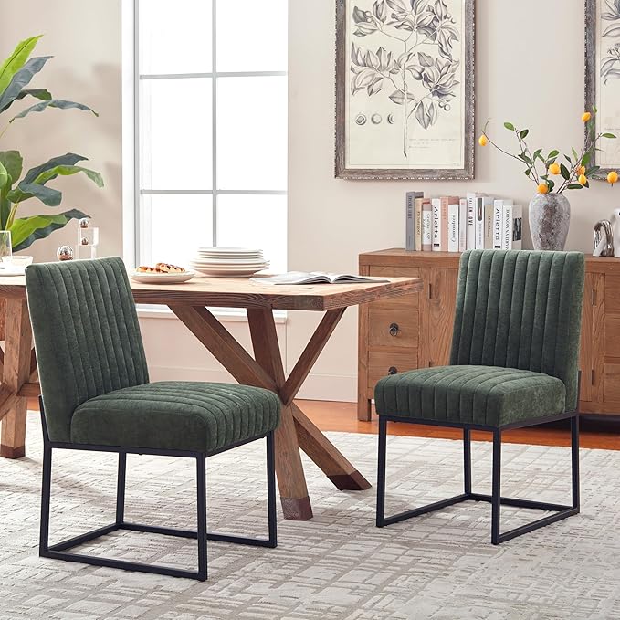 VKNOW Upholstered Dining Chairs Set of 4, Modern Dining Room Chairs with Stripe, Linen Kitchen Chair Dinner Chair with Black Metal Base for Kitchen Office, Green