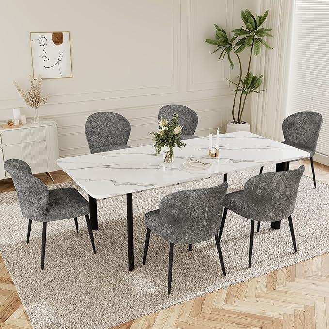 Dining Chairs Set of 2, Modern Fabric Dining Room Chairs with Curved Backrest Well-Padded Seat, Upholstered Kitchen Chairs for Living Dining Room, Grey