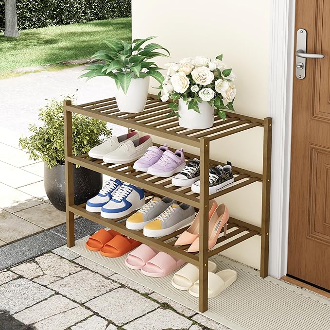 Smiry Shoe Rack, 3 Tier Thick Bamboo Shoe Organizer, Stackable Free Standing Wooden Shoe Storage Shelf for Closet, Entryway, Front Door Entrance, Walnut