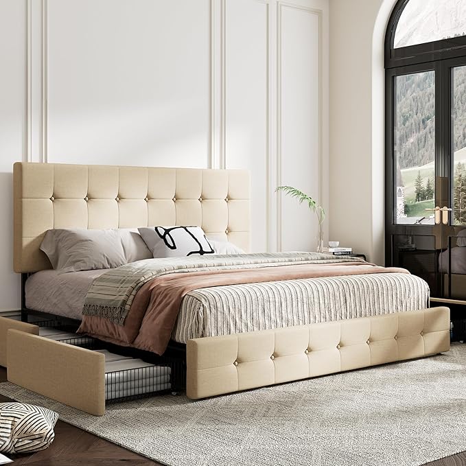 MUTICOR King Size Bed Frame with 4 Storage Drawers, Upholstered Platform Bed with Button Tufted Adjustable Headboard, No Box Spring Needed, Easy Assembly, Square Tufted, Beige Fabric
