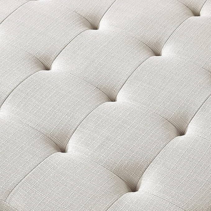 24KF Large Square Upholstered Tufted Linen Ottoman Coffee Table, Large Footrest Ottoman with Solid Wood Shelf-Ivory